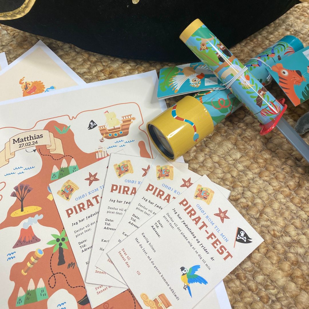Skattejagt til børnefødselsdag med pirat-tema i print selv udgave, fås hos Nordic Simply