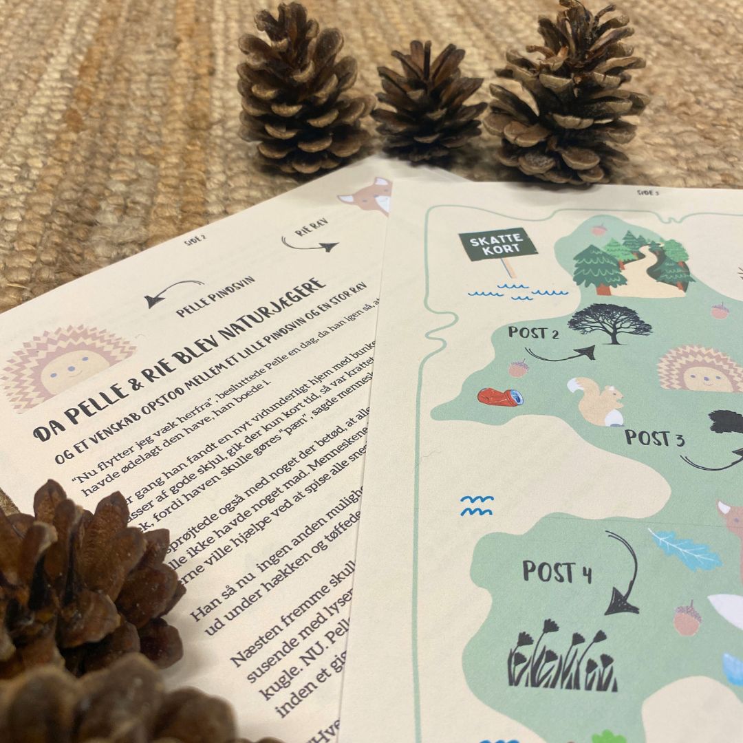 Skattekort og historie til skattejagt i skoven i print-selv udgave ses printet hos Nordic Simply