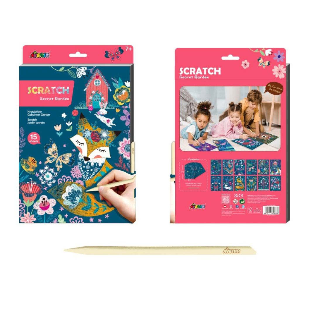 A4 scratchbook "Den hemmelige Have" med 15 farverige A4 ark til børn fra 7 år og op, fra Avenir