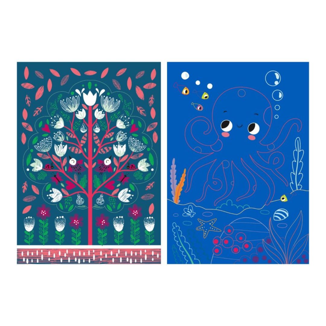 Farverigt træ og blæksprutte, indgår som illustrationer i A4 scratchbogen Den hemmelige Have fra Avenir. Perfekt til kreativ leg for børn fra 7 år og op.