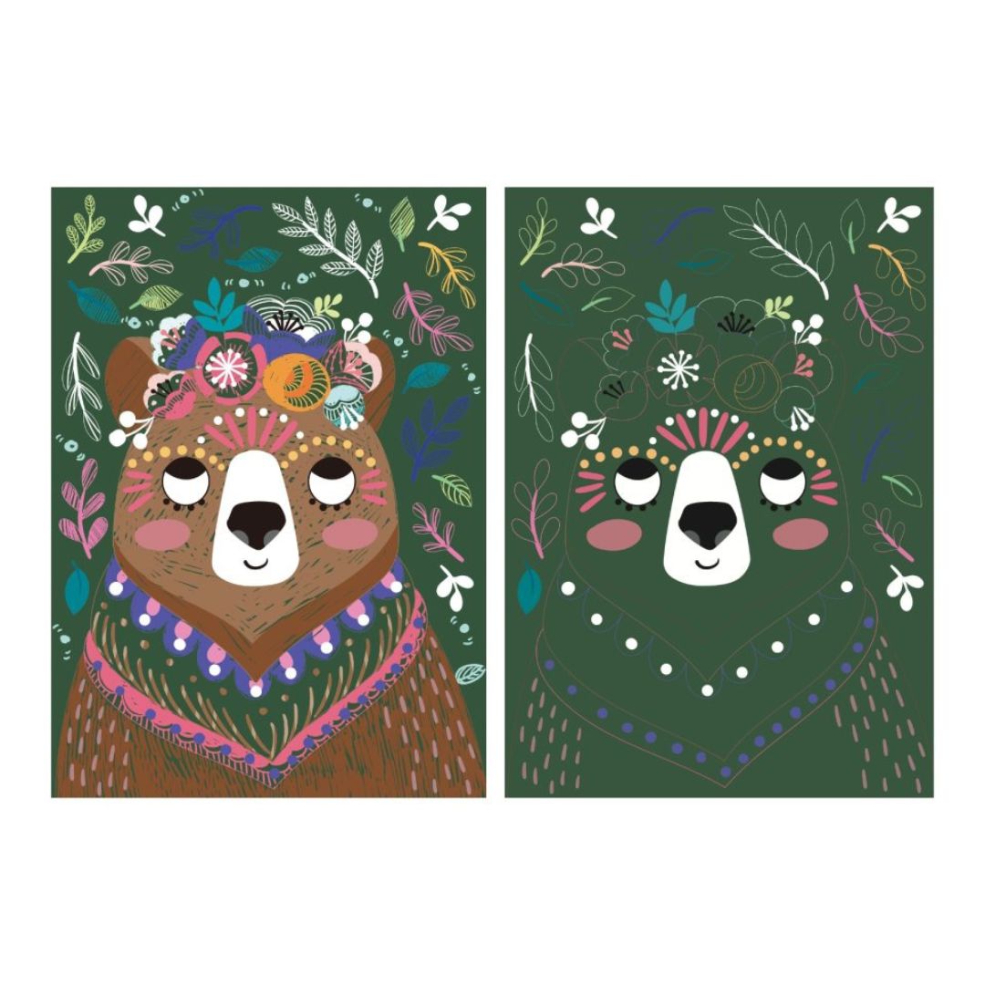 Farverige bjørne med blomsterkranse på mørkegrøn baggrund fra scratchbog for børn fra Avenir perfekt til børn 7 år og op.