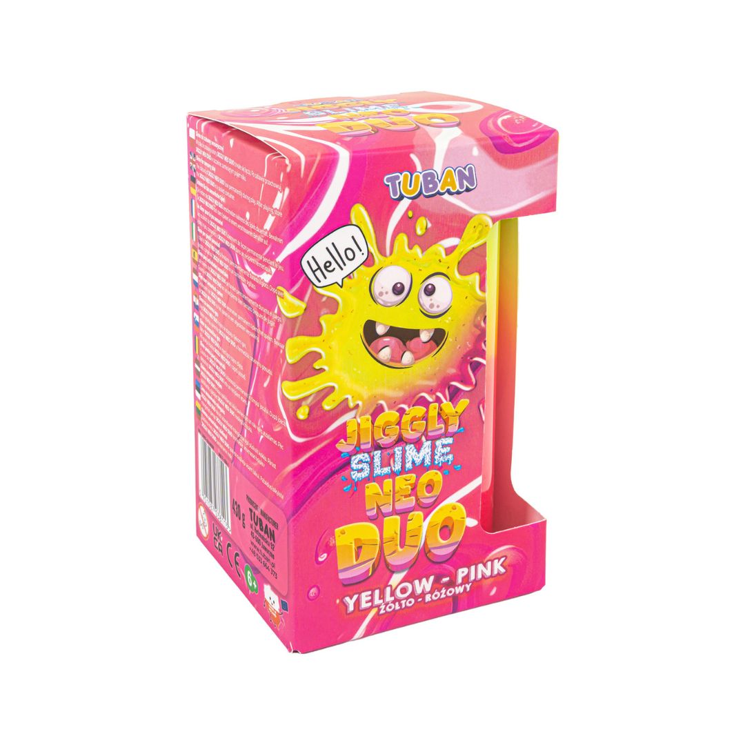 pink æske med neon slim, fra Tuban, gul og pink, set fra siden