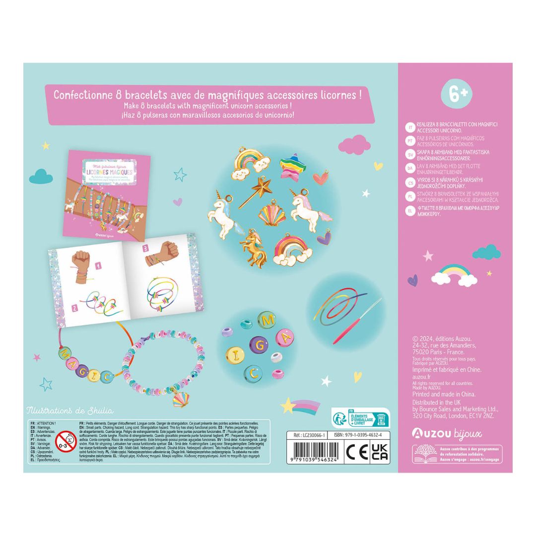 Smykkesæt fra Auzou til børn med farverige perler og enhjørninger, til at lave DIY armbånd.