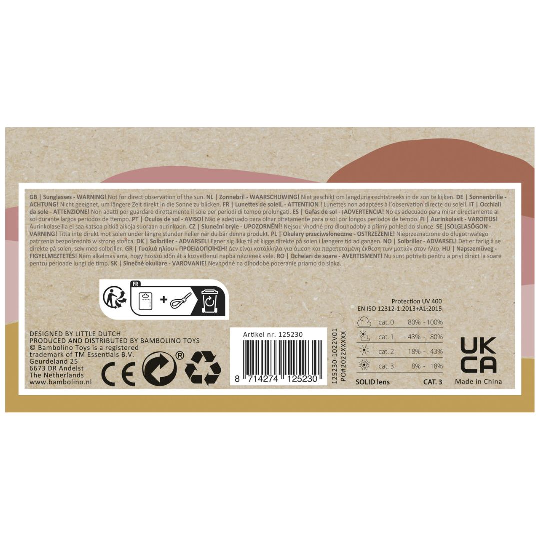 lilla solbriller til børn fra Little Dutch med UV-beskyttelse, vist i indpakning bagfra.