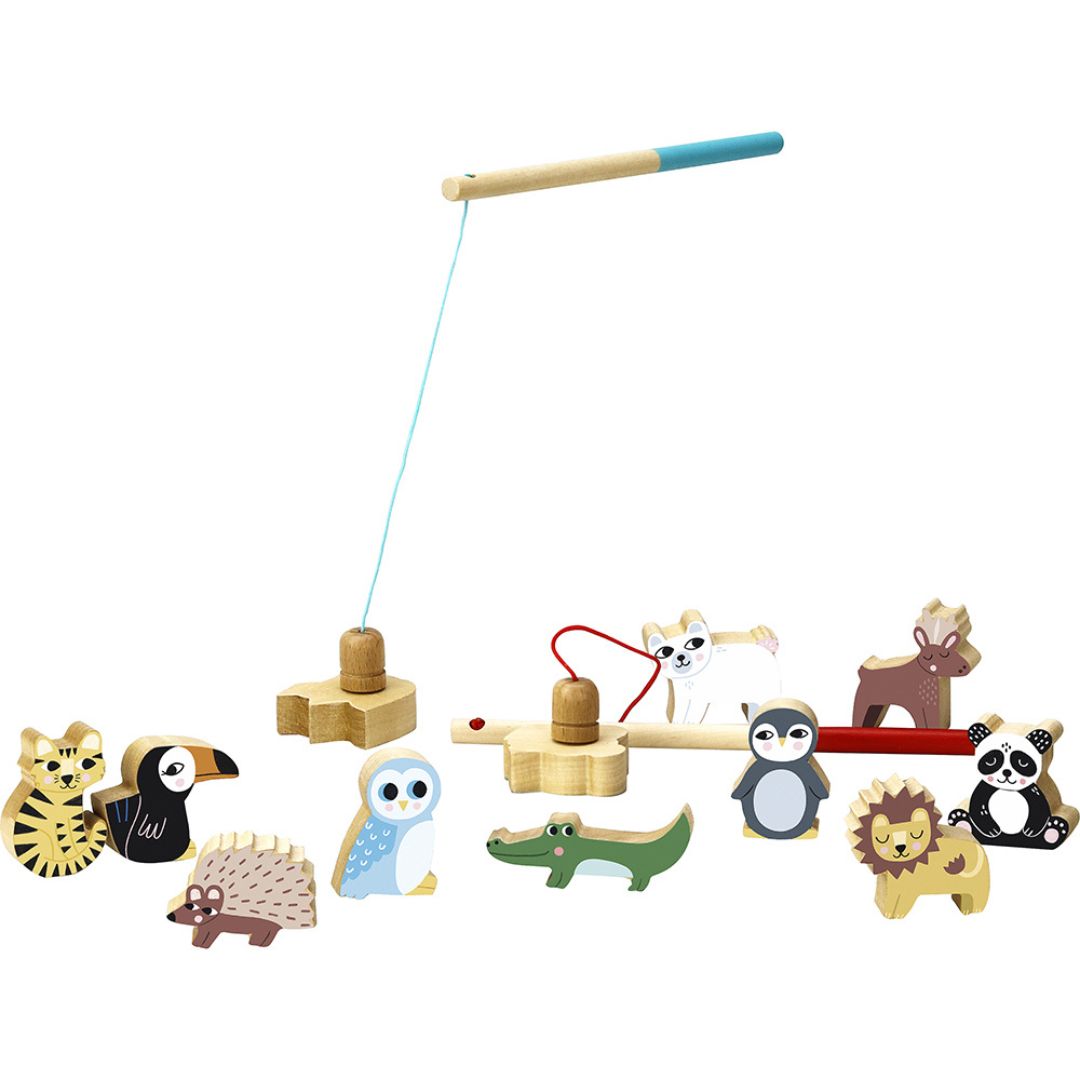 Spil 5 i 1 fra Vilac med træfigurer og magnetisk fiskestang, perfekt til børn fra 2-5 år.