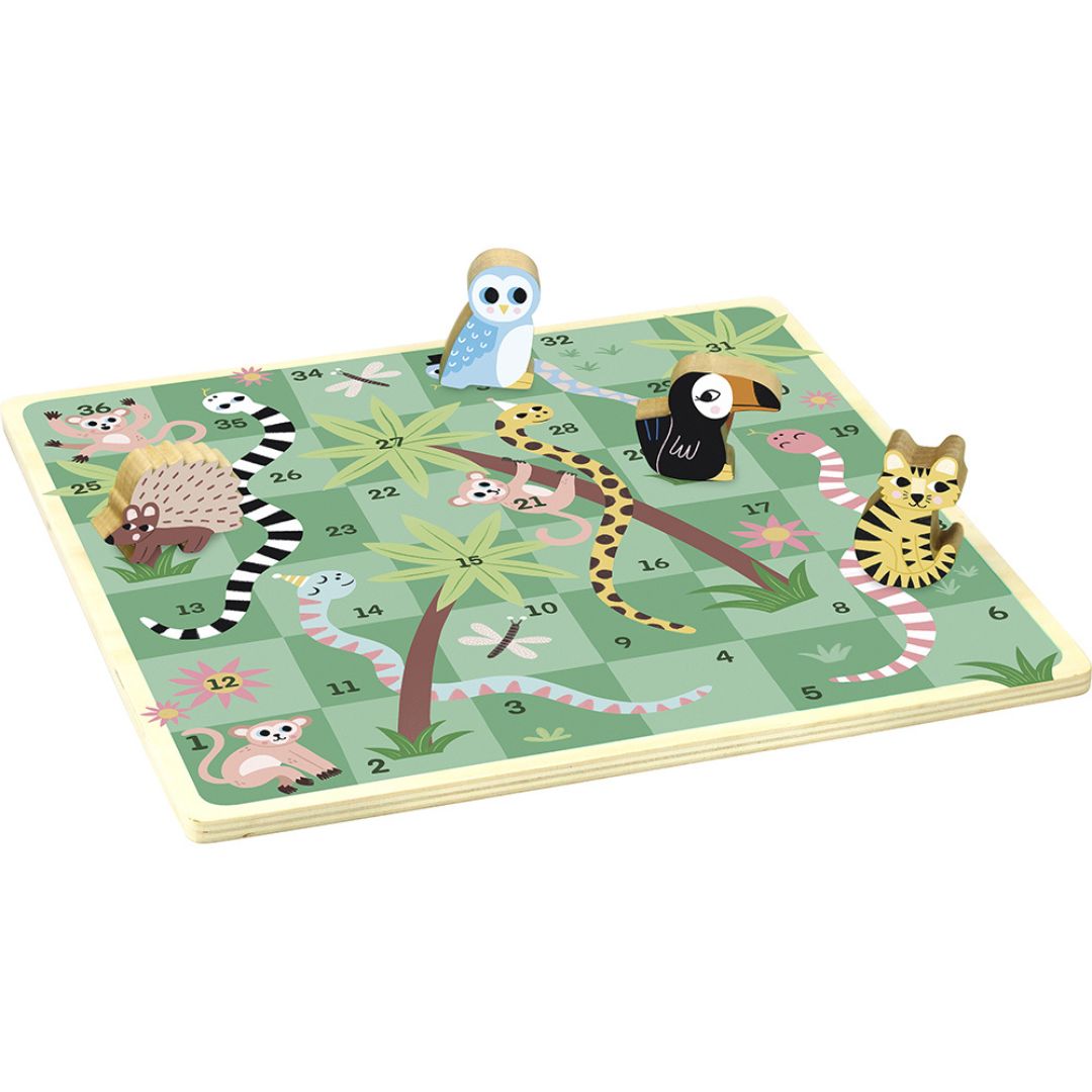Farverigt brætspil med dyrefigurer til børn, del af fem sjove klassikere i træ fra Vilac.