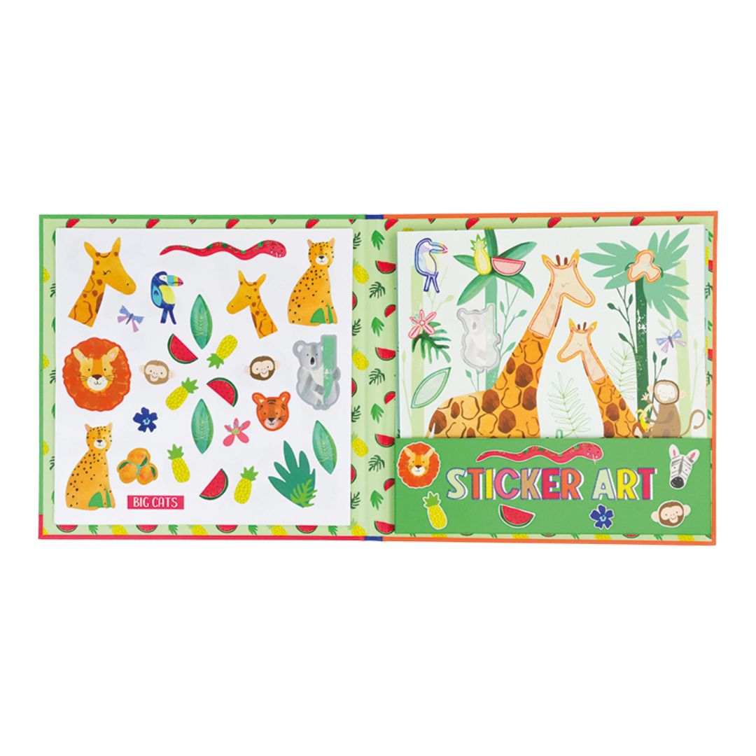 Sticker-art bog | Jungle - Farverig bog med klistermærker og søde jungle motiver, set sået op på sider, perfekt til kreativ leg.