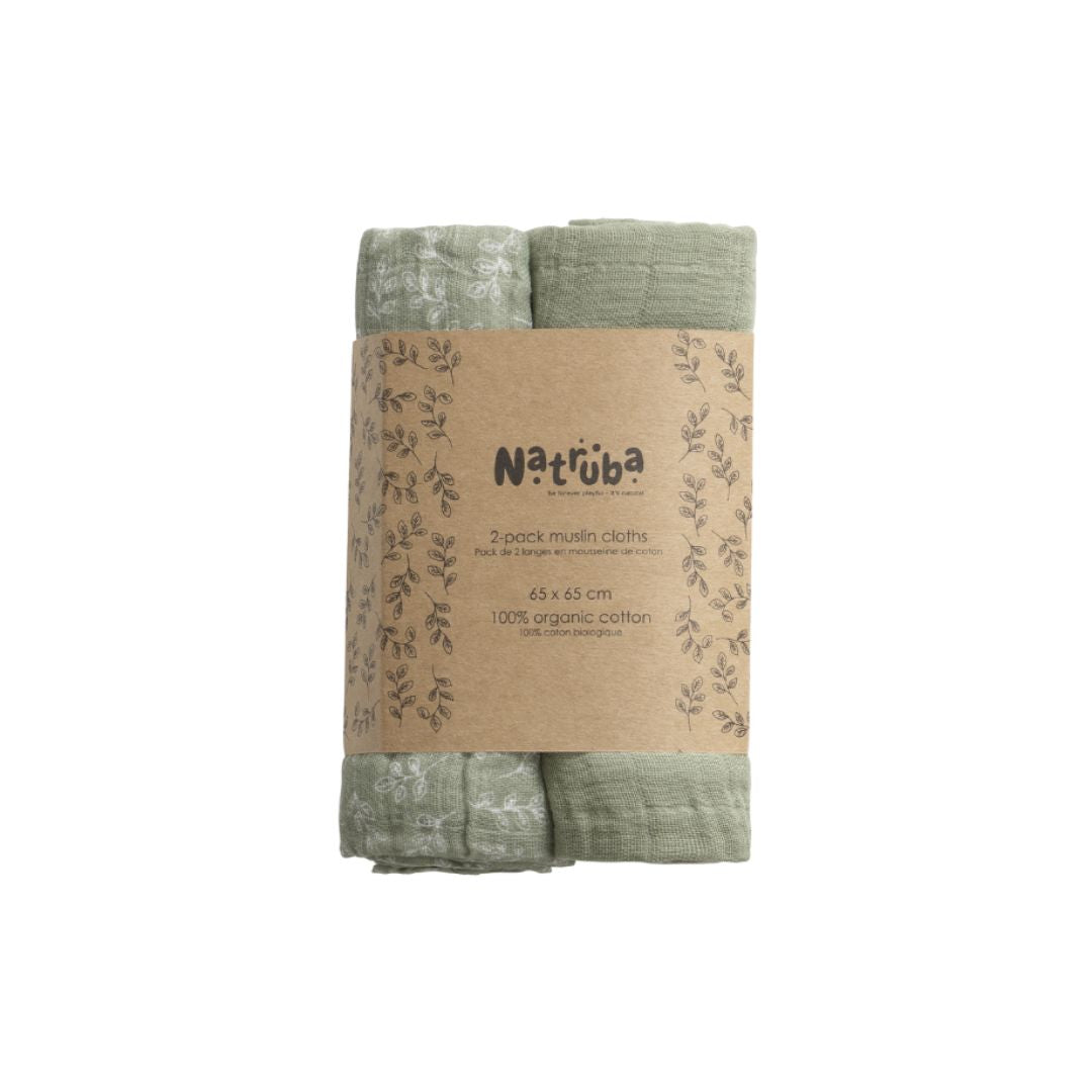 Grønne stofbleer i pakke med 2 stk i 100% økologisk muslin fra Natruba fås hos Nordic Simply