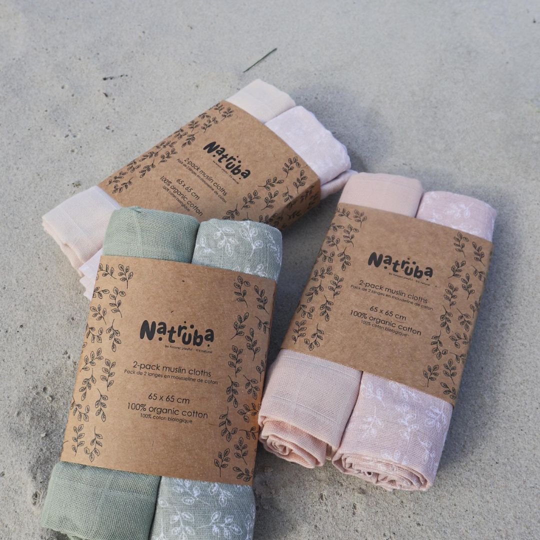 3 pakker stofbleer i rosa , grøn og hvid med 2 stk i hver, 100% økologisk muslin fra Natruba fås hos Nordic Simply