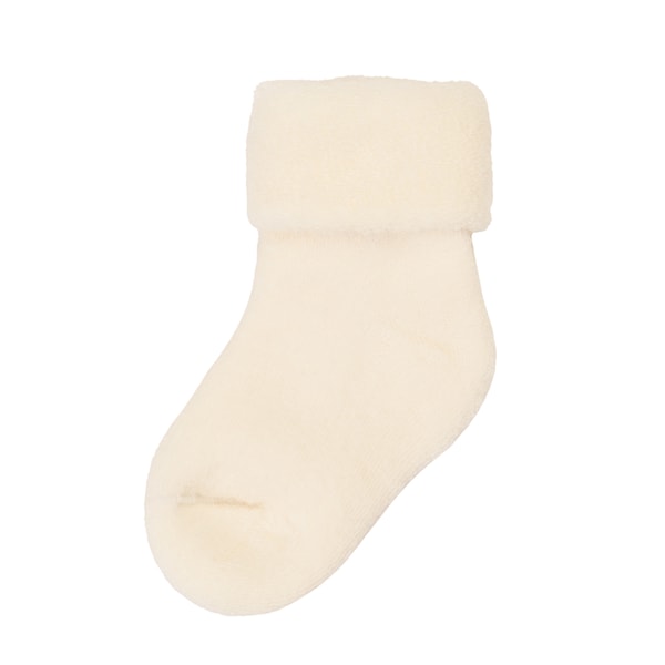 beige strømpe i uld til baby. Joha babystrømpe i uld med kant der kan rulles op og ned. Farve off white.