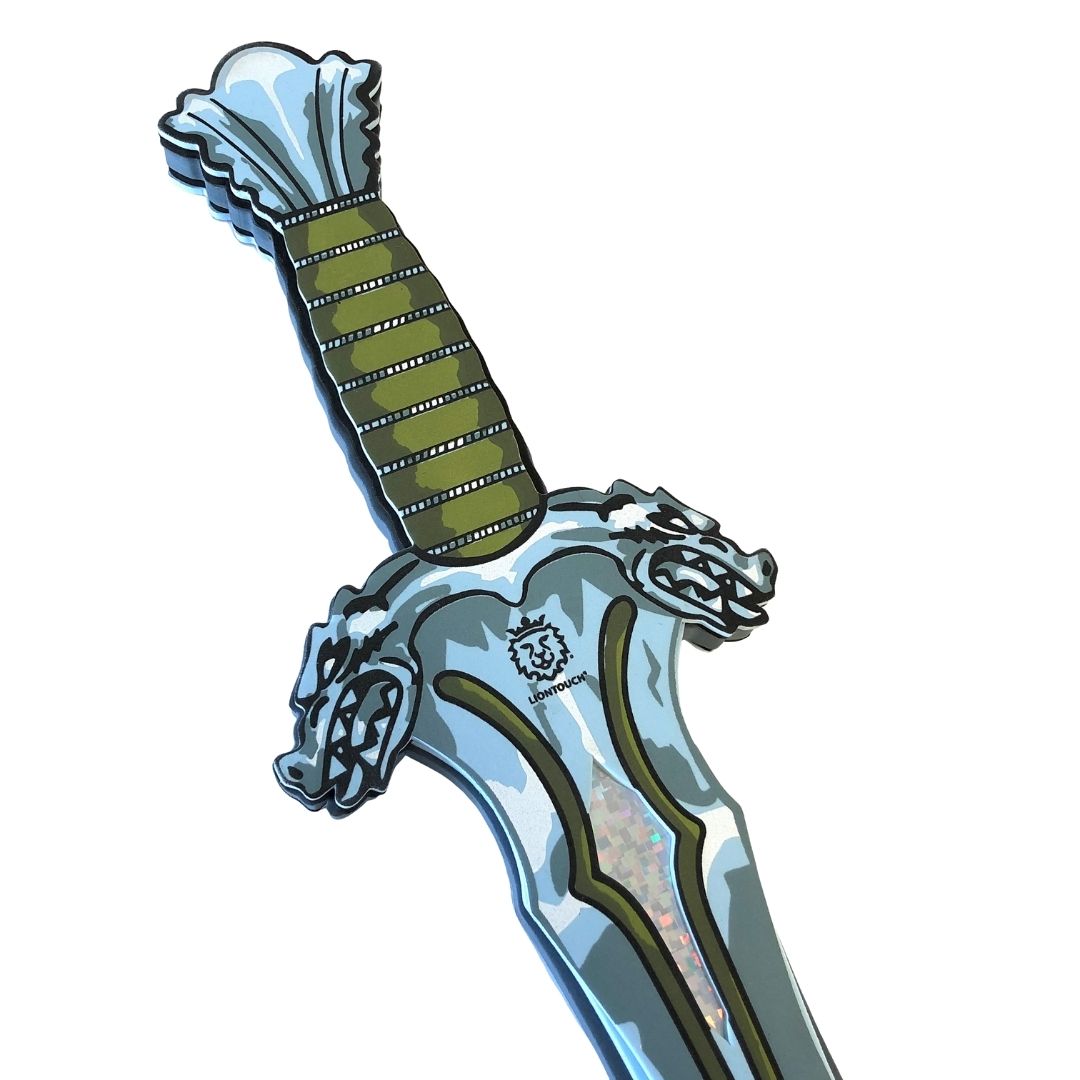 Legesværd drage Fantasy, grøn legesværd i fleksibelt EVA skum, her set tæt på med håndtag. Find legetøjssværd hos Nordic Simply