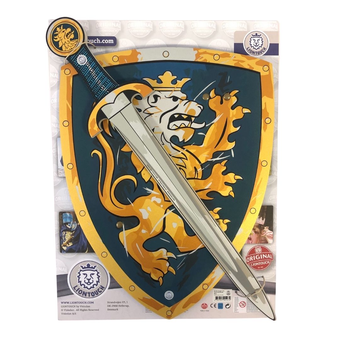 Riddersværd og skjold sæt Noble Knight. Blå skjold med løve og sværd til i skum, set i indpakning. Legesæt fra LionTouch fås hos Nordic Simply