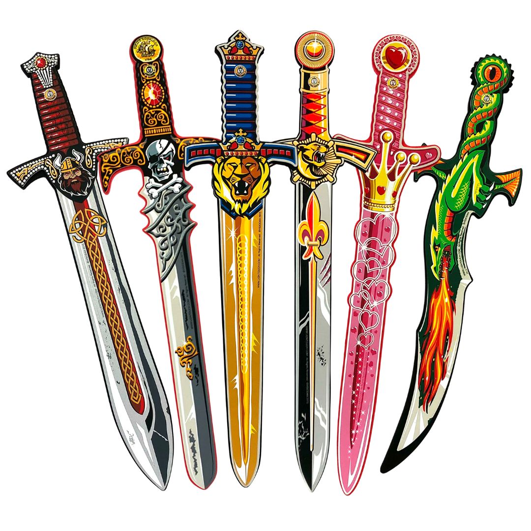 Seks flotte sværd i skum, blandt andet prinse-sværd fra danske Liontouch fås hos Nordic Simply