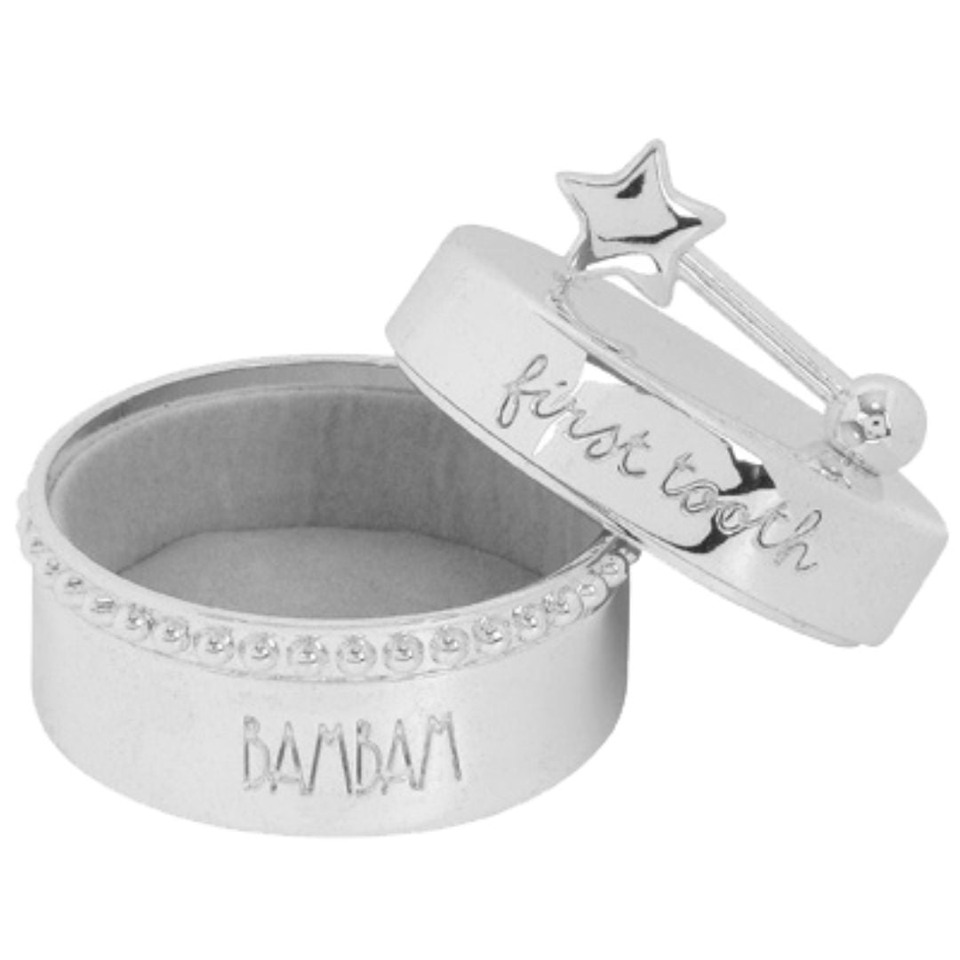 Tandæske til mælketænder forsølvet fra BamBam, set med låget taget af. fås hos Nordic Simply