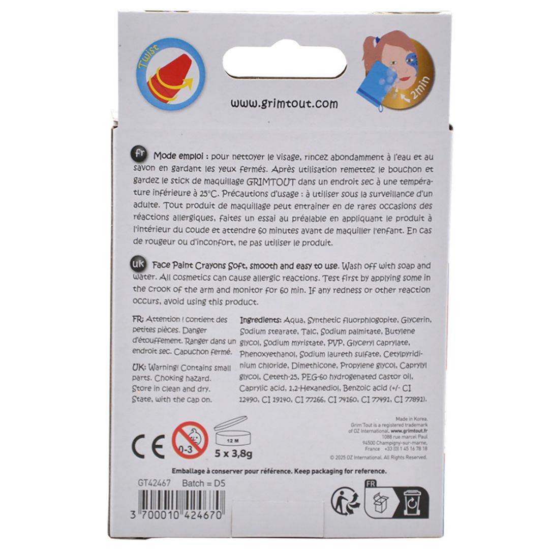 Ansigtsmaling metallic, 5 farvestifter i flotte farver, set i æske bagfra, læg glitter på kinderne, let at bruge og få af, fra GrimTout Frankrig
