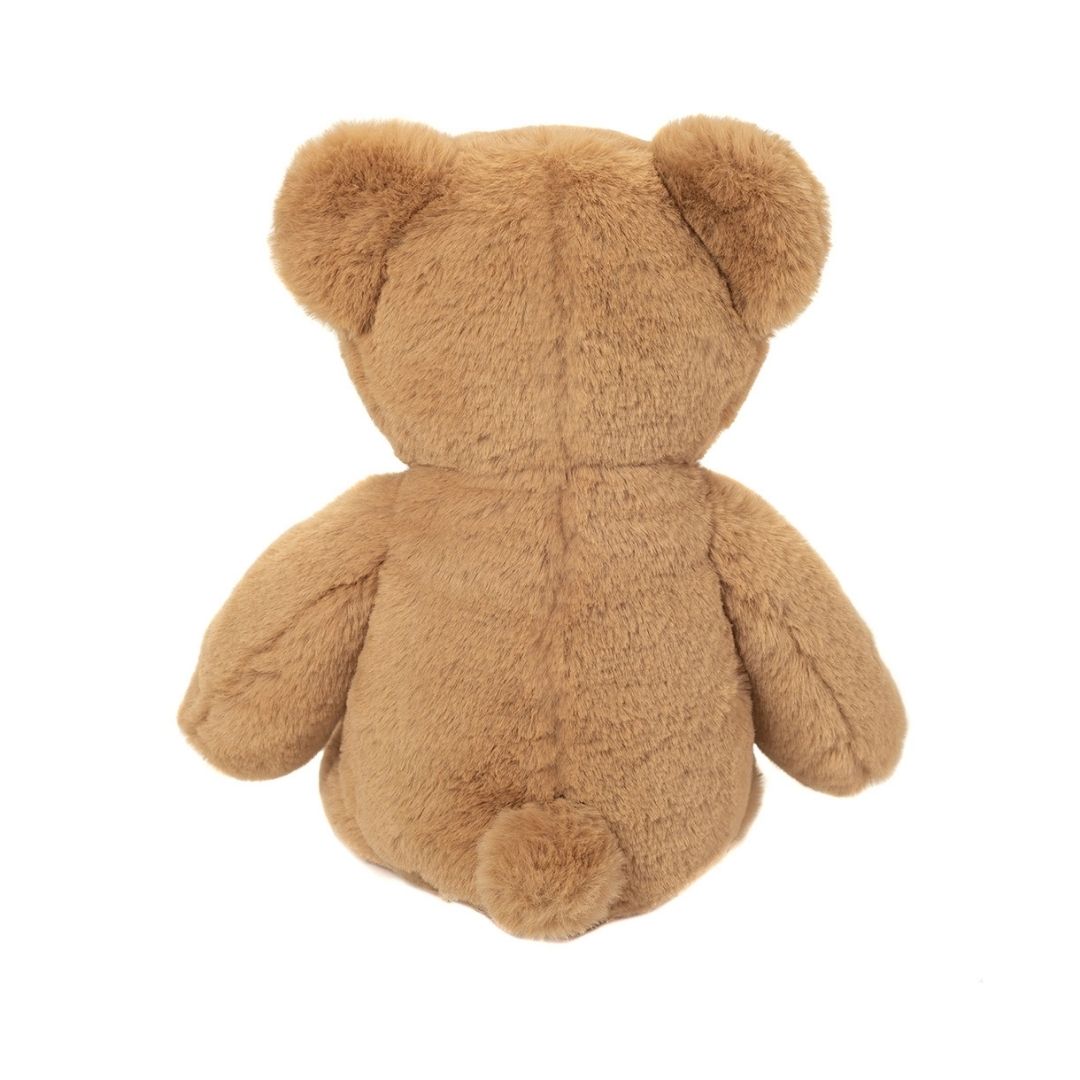 Ultrablød brun teddybamse, der sidder, set bagfra, en krammebamse til børn godkendt fra 0 mdr. Kvalitetsbamse fra Teddy Hermann Tyskland fås hos Nordic Simply