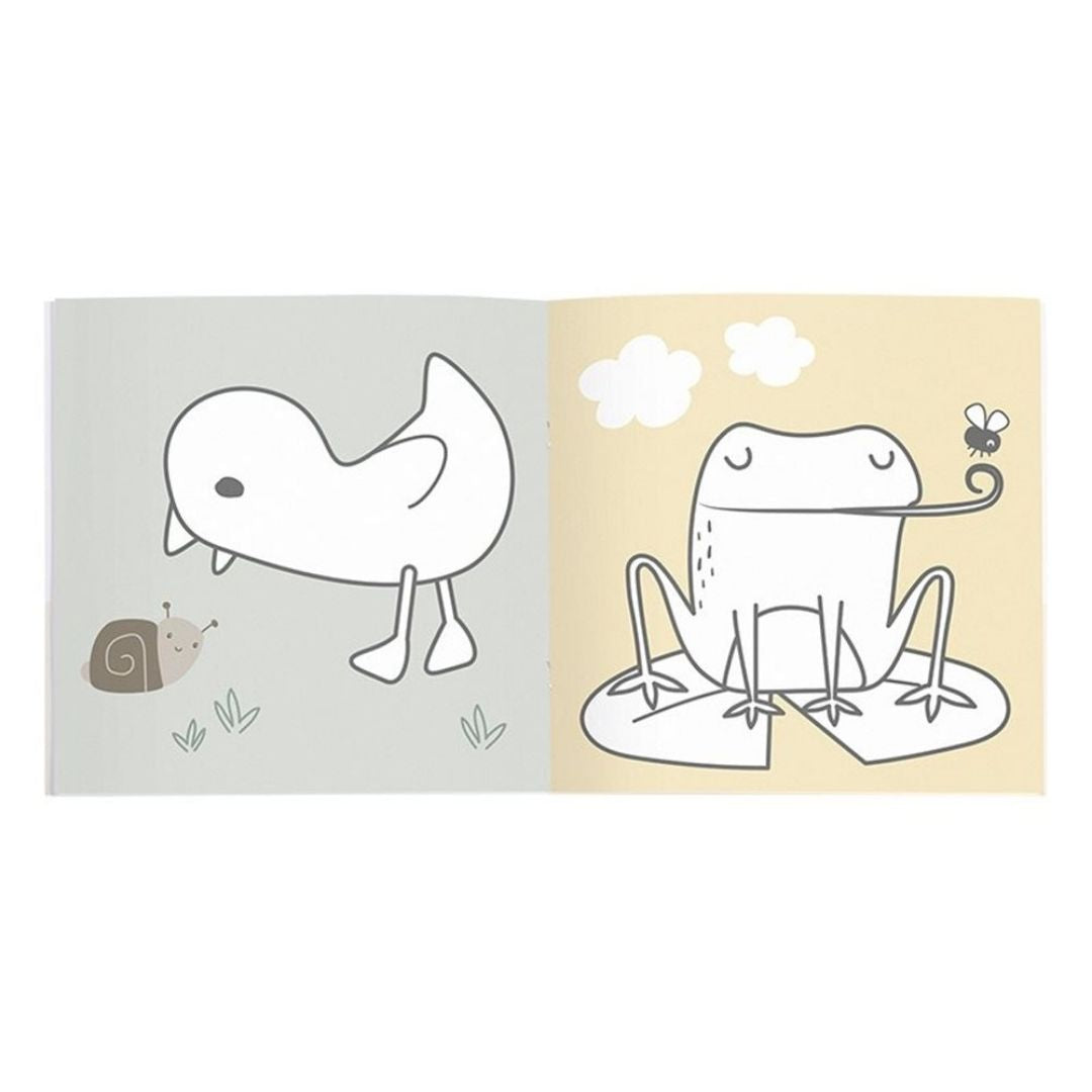 Tegnebog med dyr til børn slået op på sider med fugl og frø, fra Little Dutch, fås hos Nordic Simply