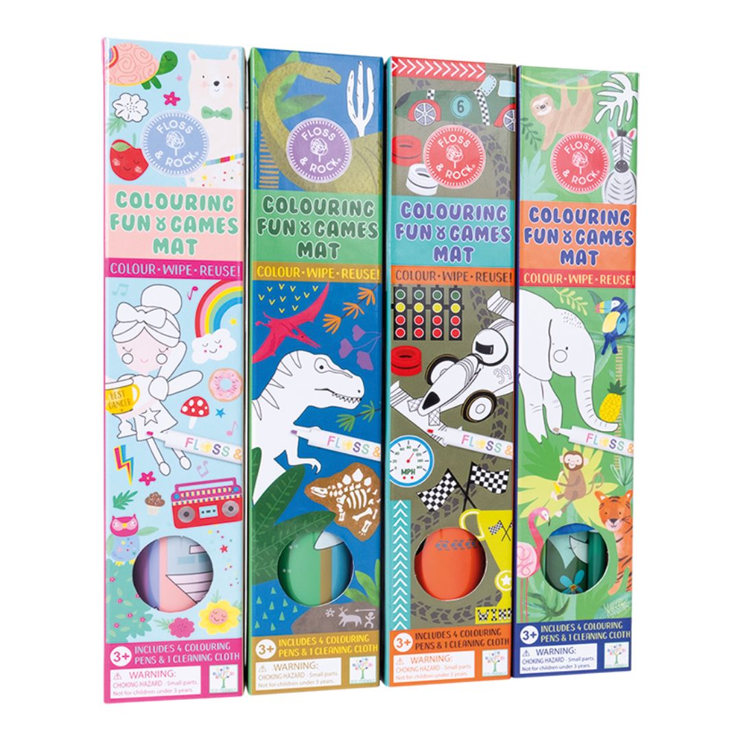 Tegn og farvelæg med farverige mat med jungle og dyr, perfekt til rejser og leg. Rul ud, tegn, tør af, og brug igen!