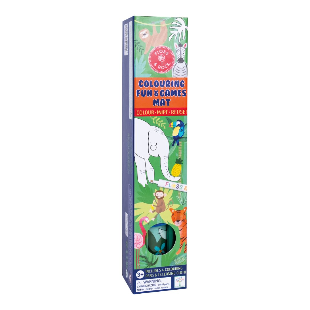 Tegnemåtte med jungle og dyr i farverig emballage, perfekt til leg og kreativitet på farten.