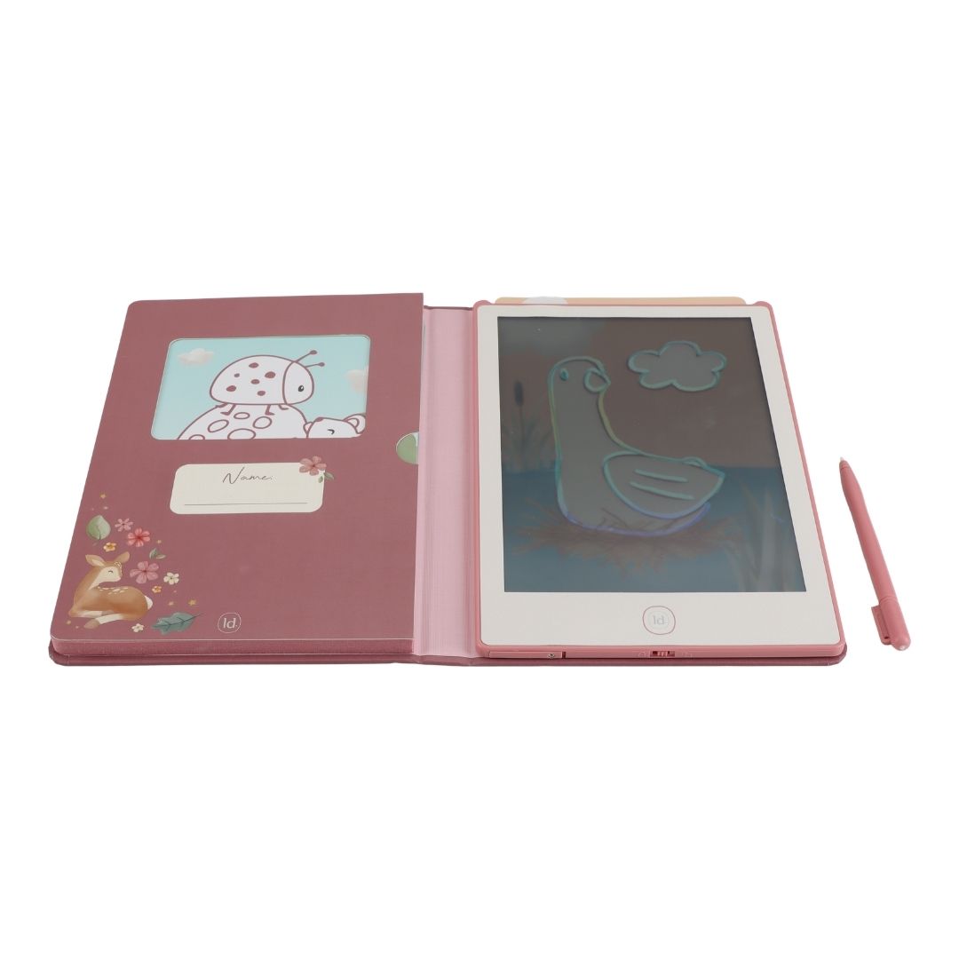 pink tegnetablet fra Little Dutch, til børn, set åben, med tegning af fugl, tegn igen og igen på farten. Godt rejselegetøj.