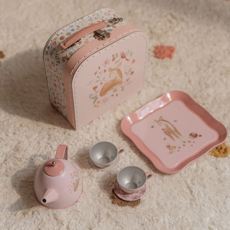 Smukt rosa tesæt i kuffert til børn fra Little Dutch, ideelt til teselskab med dukker og bamser.
