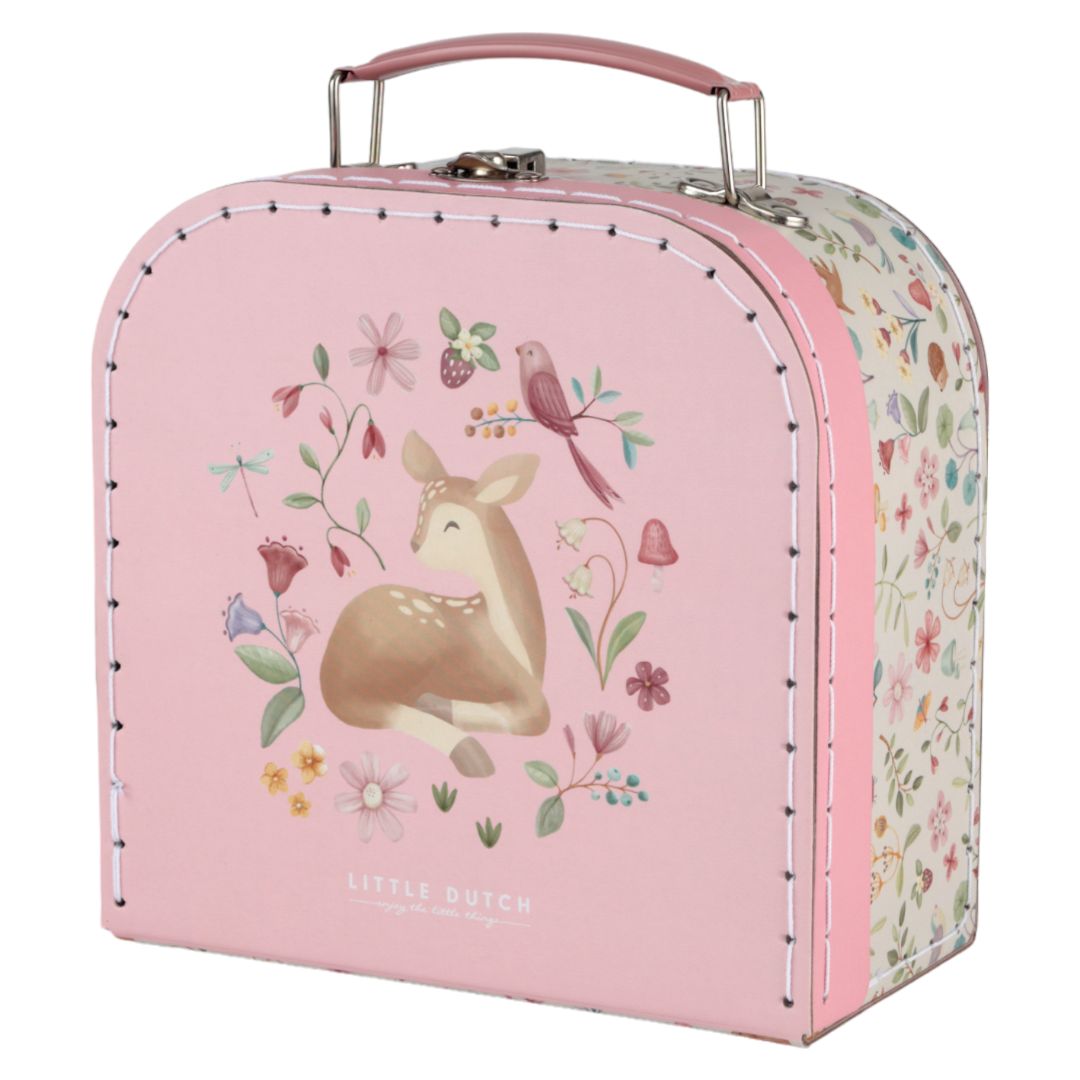 Smukt rosa kuffert fra Little Dutch med søde illustrationer til tesæt for børn.