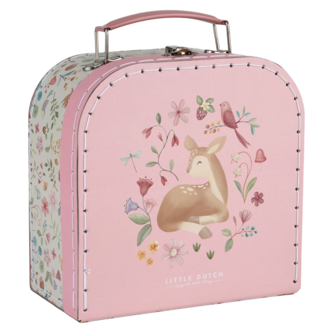 Smukt rosa kuffert fra Little Dutch med søde illustrationer til børn, perfekt til tesæt og leg.
