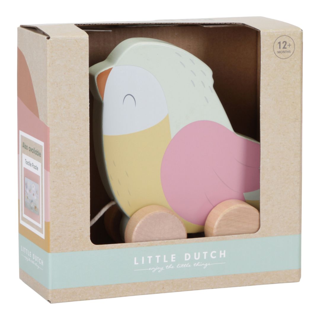 Farverig fugl i træ på hjul i æske fra Little Dutch fås hos Nordic Simply