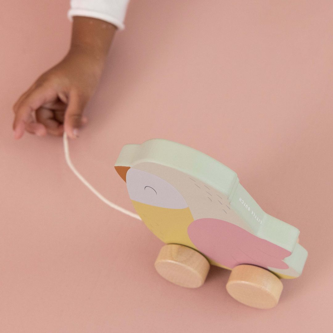 Hånd trækker farverig fugl på hjul på rosa baggrund fra Little Dutch fås hos Nordic Simply