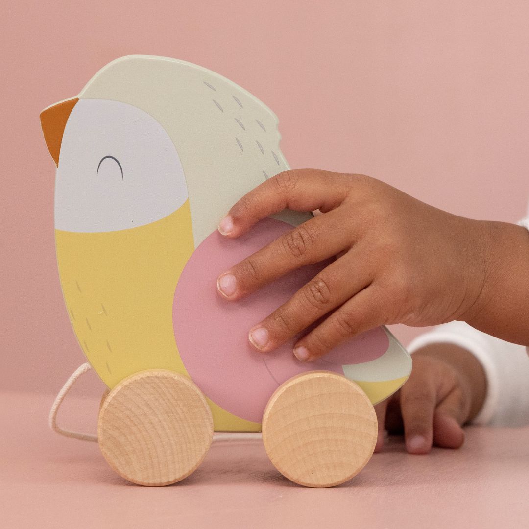 Hånd holder i farverig fugl i træ på hjul på rosa baggrund fra Little Dutch fås hos Nordic Simply