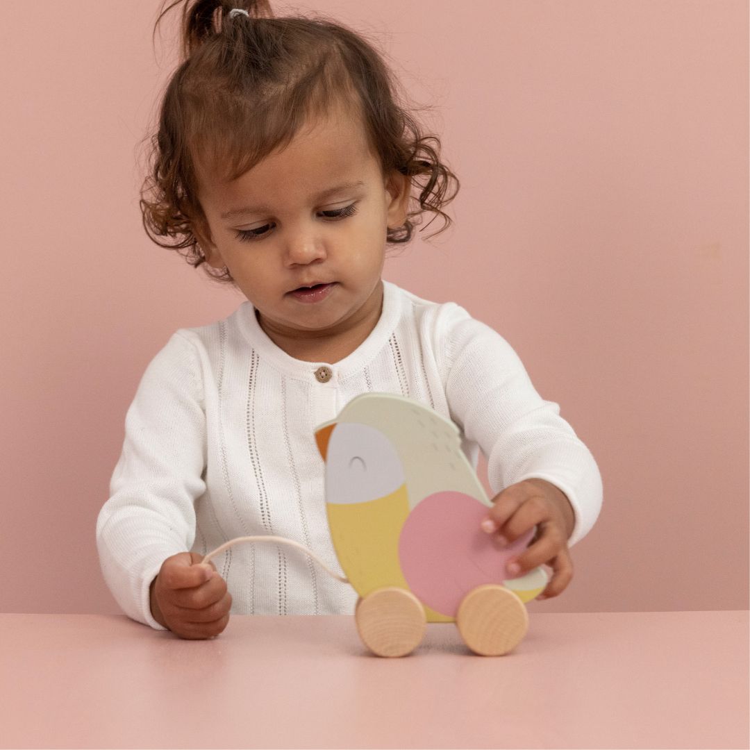 barn leger med farverig fugl i træ på hjul fra Little Dutch fås hos Nordic Simply