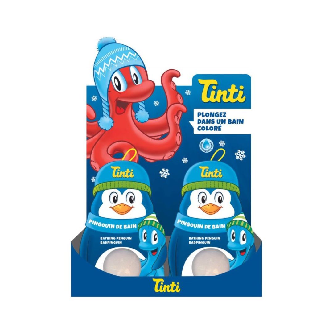Display med 2 tryllekugler i maven på pingvin, sjove badebomber der farver badevandet fra Tinti fås hos Nordic Simply