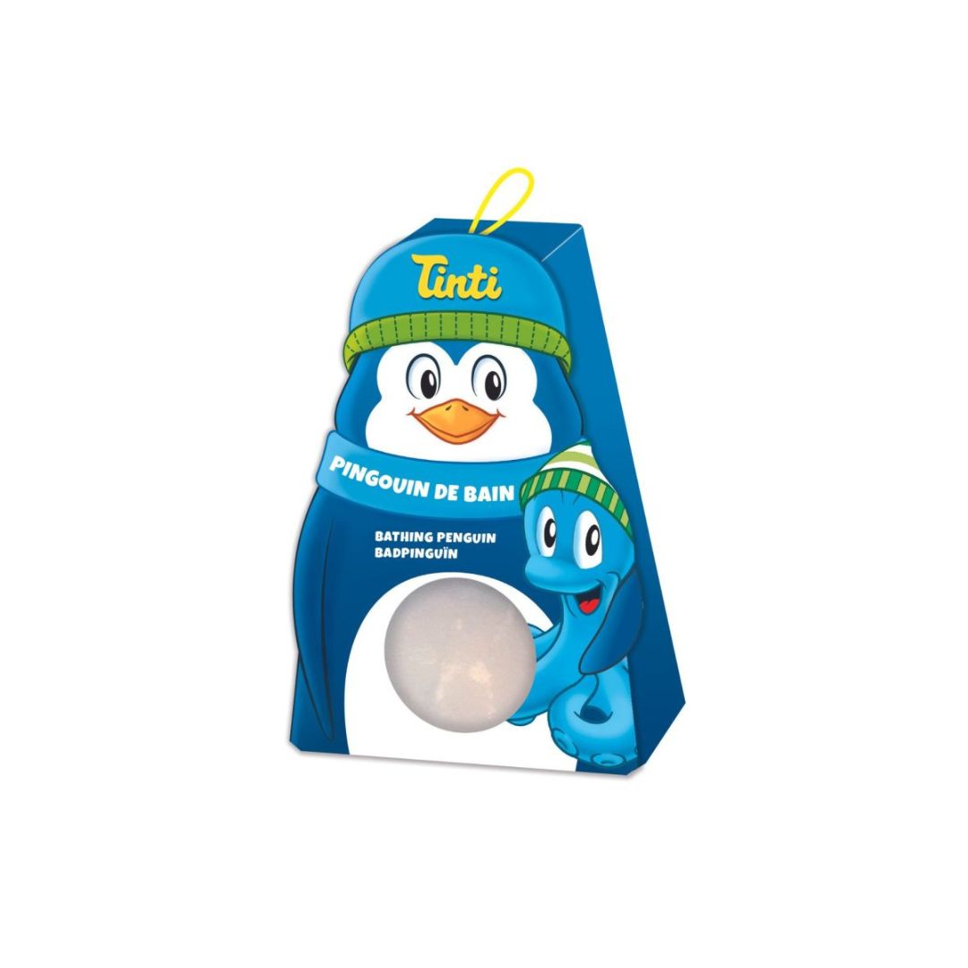 Blå æske formet som pingvin med 2 tryllekugler i maven, sjove badebomber fra Tinti, der farver badevandet, fås hos Nordic Simply
