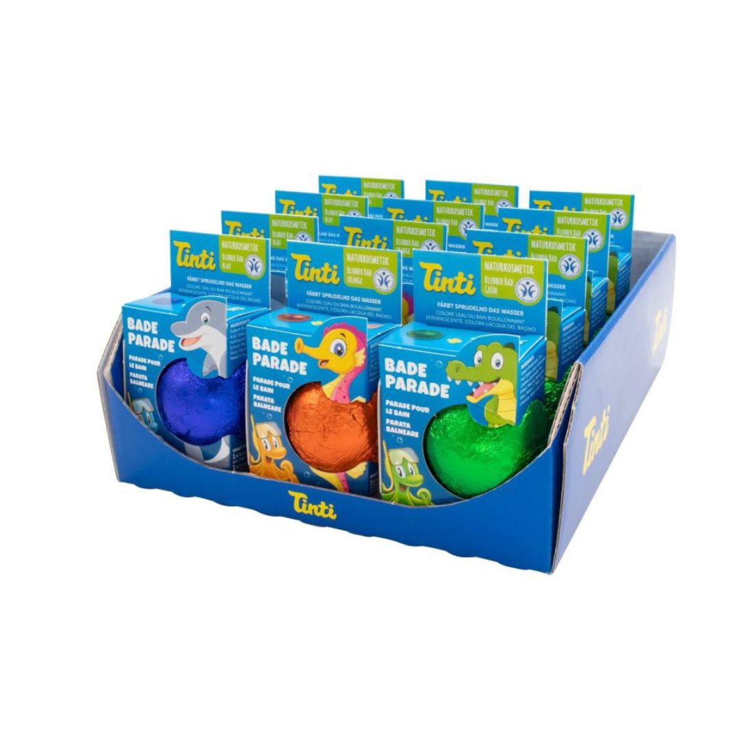 Display med Tinti tryllekugler til badet i blå, orange og grøn, fås hos Nordic Simply