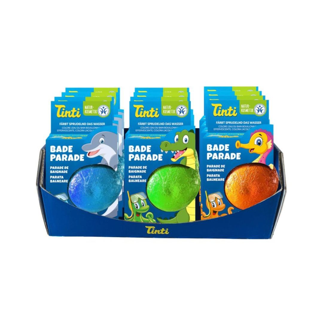Display med Tinti tryllekugler til badet i blå, orange og grøn,s et forfra på hvid baggrund, fås hos Nordic Simply