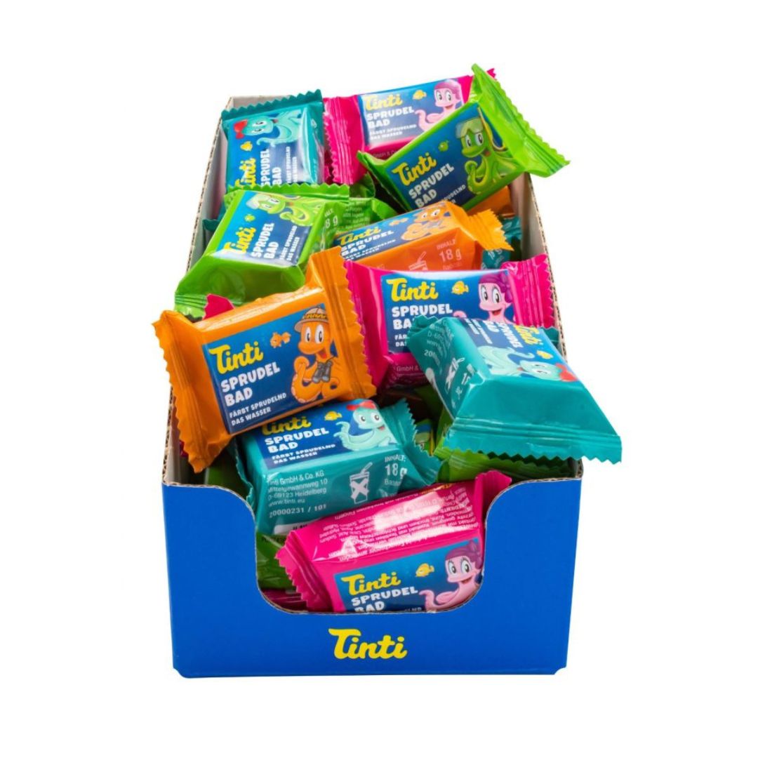 Kasse med mini badebomber til børn fra Tinti i fire assorterede farver, grøn, blå, pink, orange, fås hos Nordic Simply