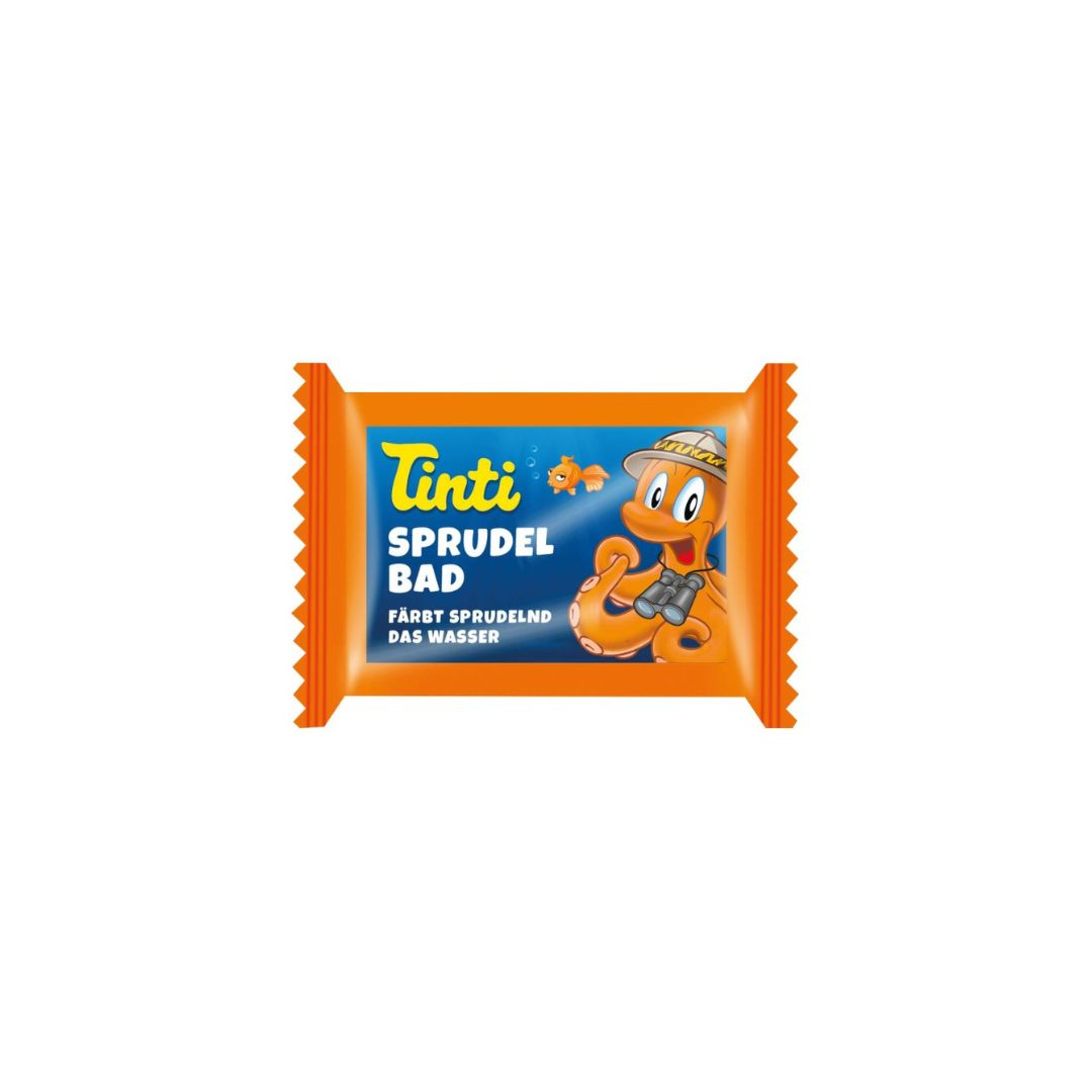 Orange mini tryllekugle i indpakning fra Tinti, til sjovt bad for børn fra 3 år og op, fås hos Nordic Simply