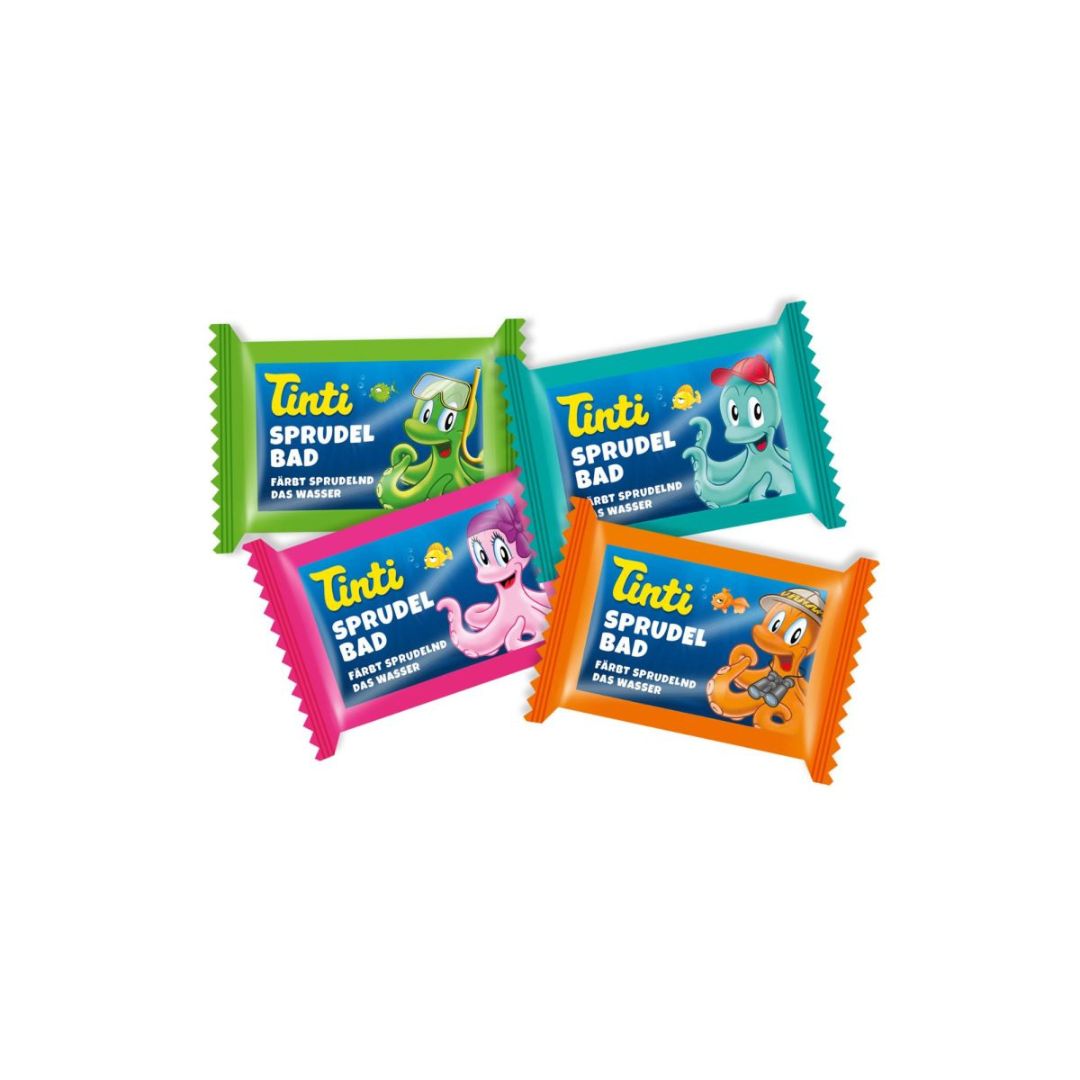 Tryllekugler mini badebomber til børn fra Tinti i fire assorterede farver, grøn, blå, pink, orange, fås hos Nordic Simply