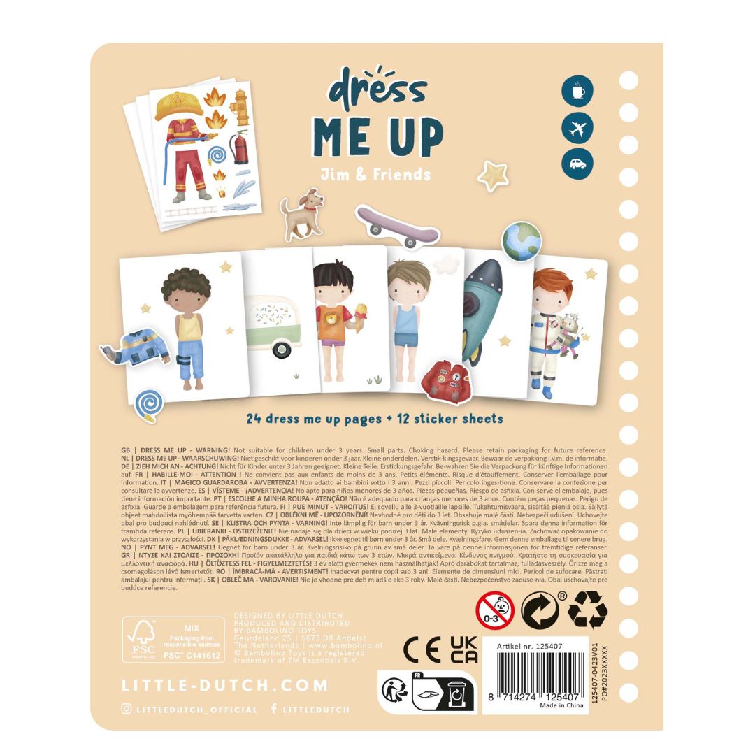 Udklædningsbog til børn med drengen Jim og venner, med 150 stickers til at sætte i fra Little Dutch,her set bagfra, fås hos Nordic Simply