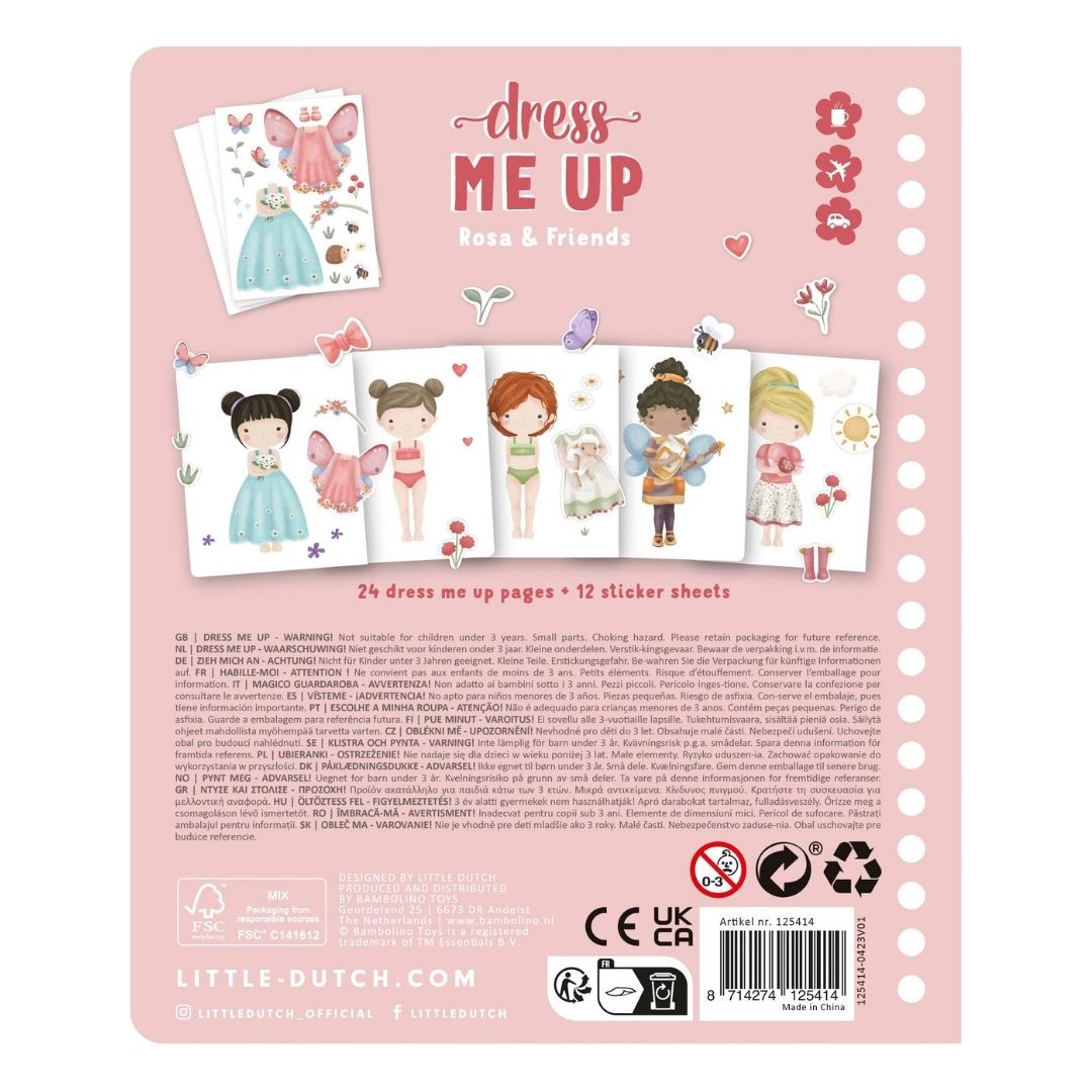 Udklædningsbog til børn med pigen Rosa og venner, med 150 stickers til at sætte i fra Little Dutch, her set bagfra, fås hos Nordic Simply