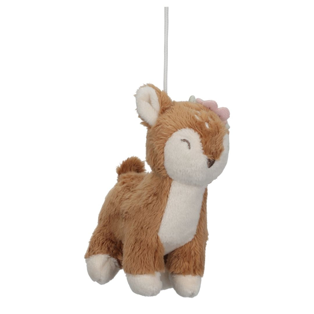 Rosa rådyr på uro i træ med musik, Fairy Garden fra Little Dutch. Mobile til babys værelse tilføjer leg og ro.