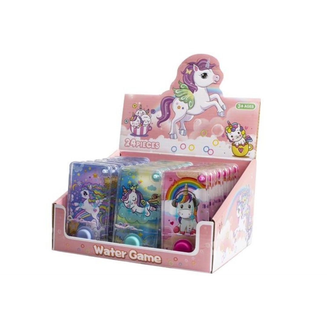 Display kasse med små enhjørning vandspil, se om du kan få alle ringene på plads, fint lille rejsespil fra Magni