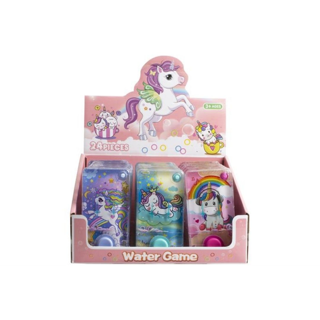 Kasse med små enhjørning vandspil, se om du kan få alle ringene på plads, fint lille rejsespil fra Magni