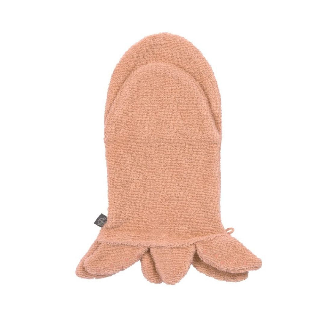 Rosa vaskehandske formet som en blæksprutte, set bagfra, 100% bomuld GOTS certificeret, fra Lässig fås hos Nordic Simply