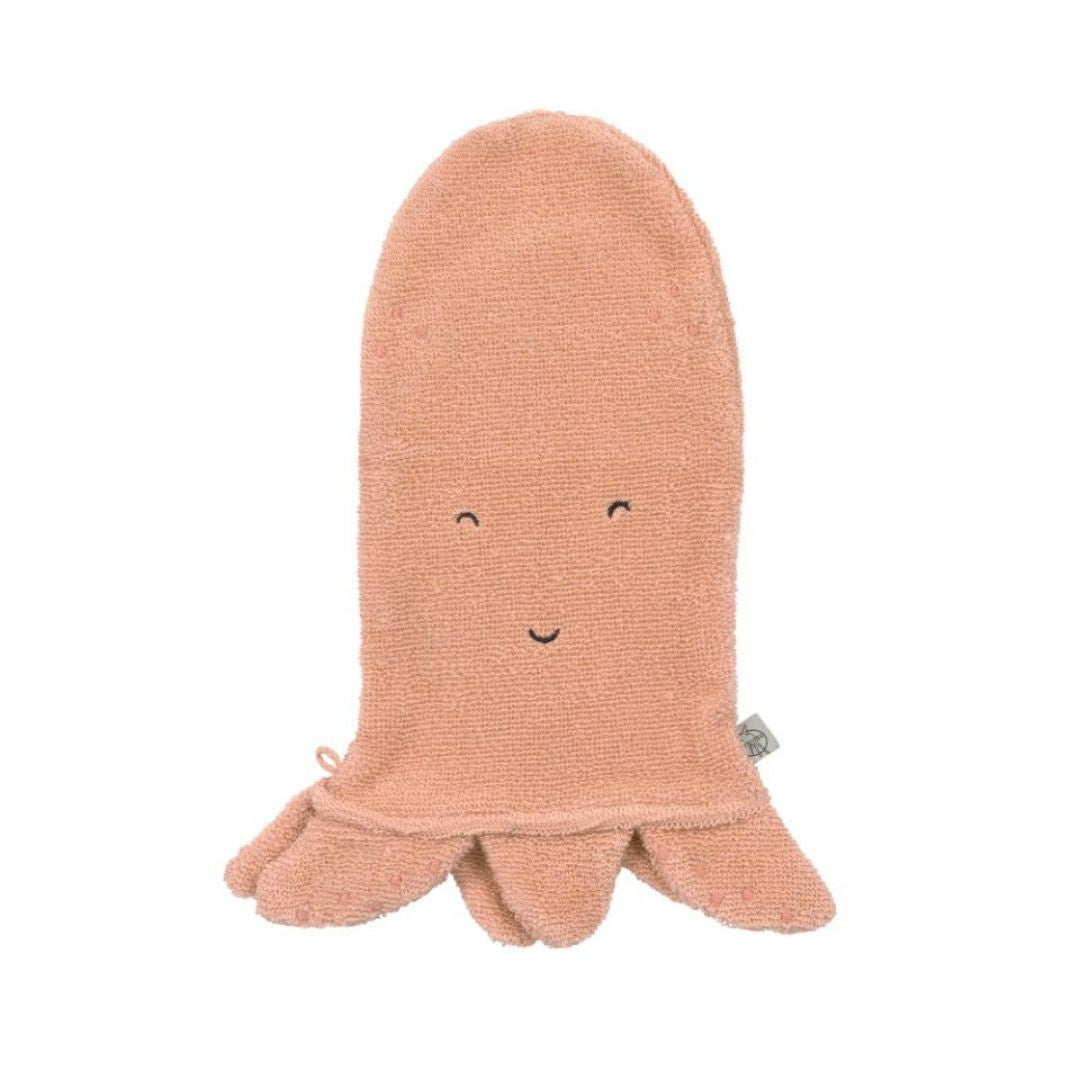 Rosa vaskehandske formet som en blæksprutte, 100% bomuld GOTS certificeret, fra Lässig fås hos Nordic Simply