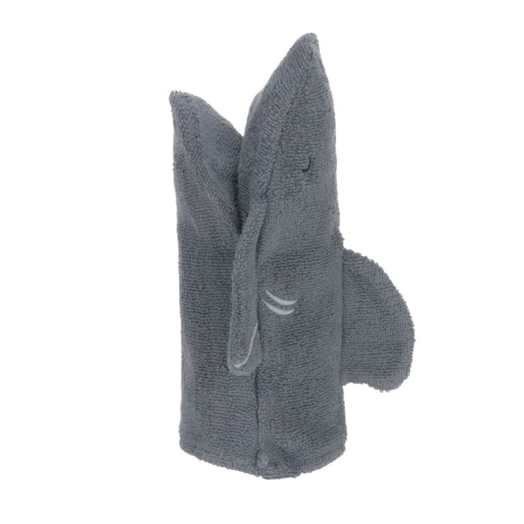 Haj vaskehandske i grå til børn, set fra siden, 100% bomuld GOTS certificeret, fra Lässig fås hos Nordic Simply