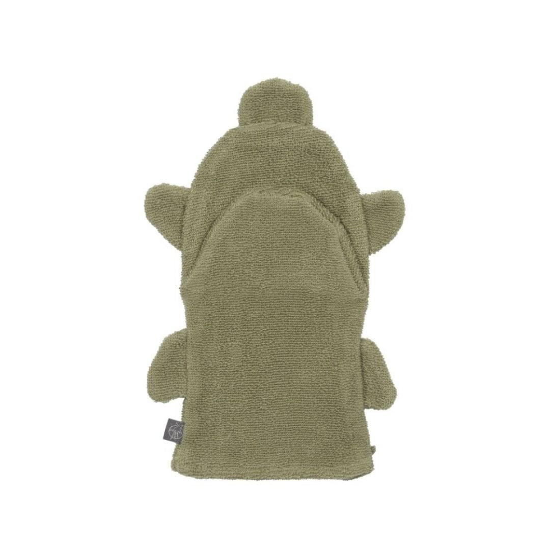 Grøn vaskehandske formet som en skildpadde, set bagfra, 100% bomuld GOTS certificeret, fra Lässig fås hos Nordic Simply