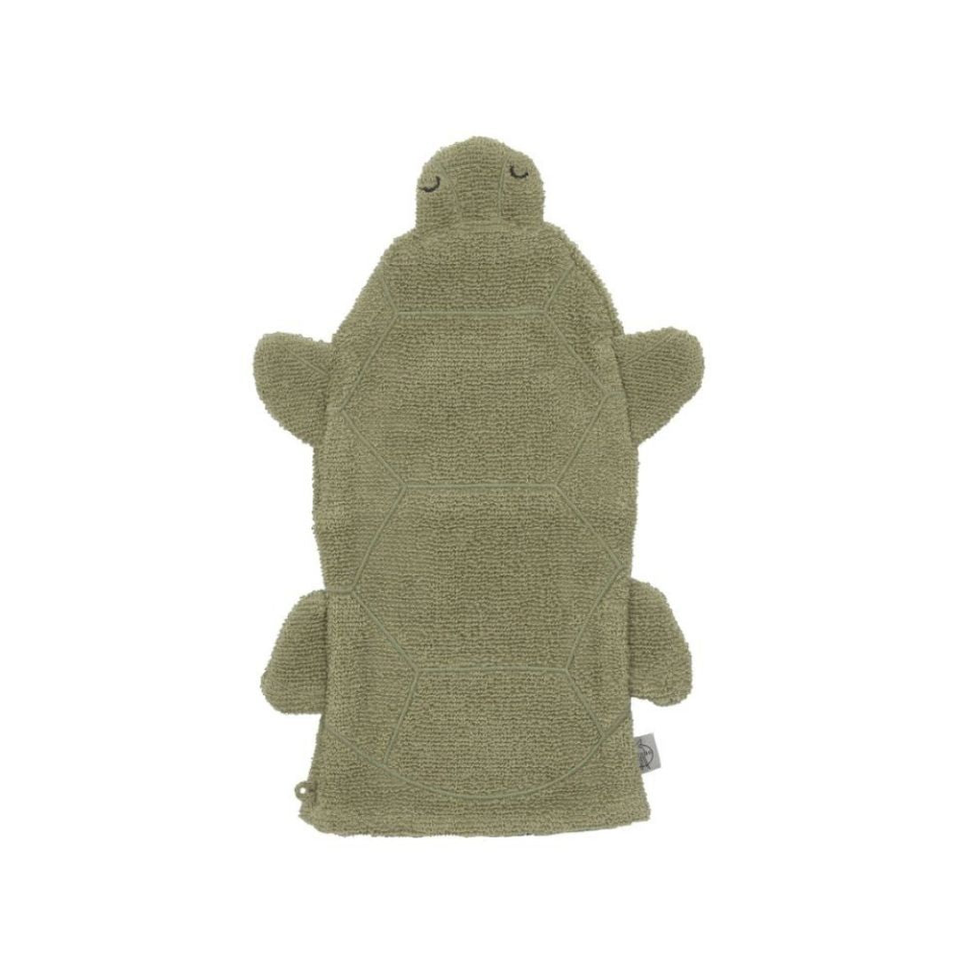 Grøn vaskehandske til børn formet som en skildpadde, 100% bomuld GOTS certificeret, fra Lässig fås hos Nordic Simply