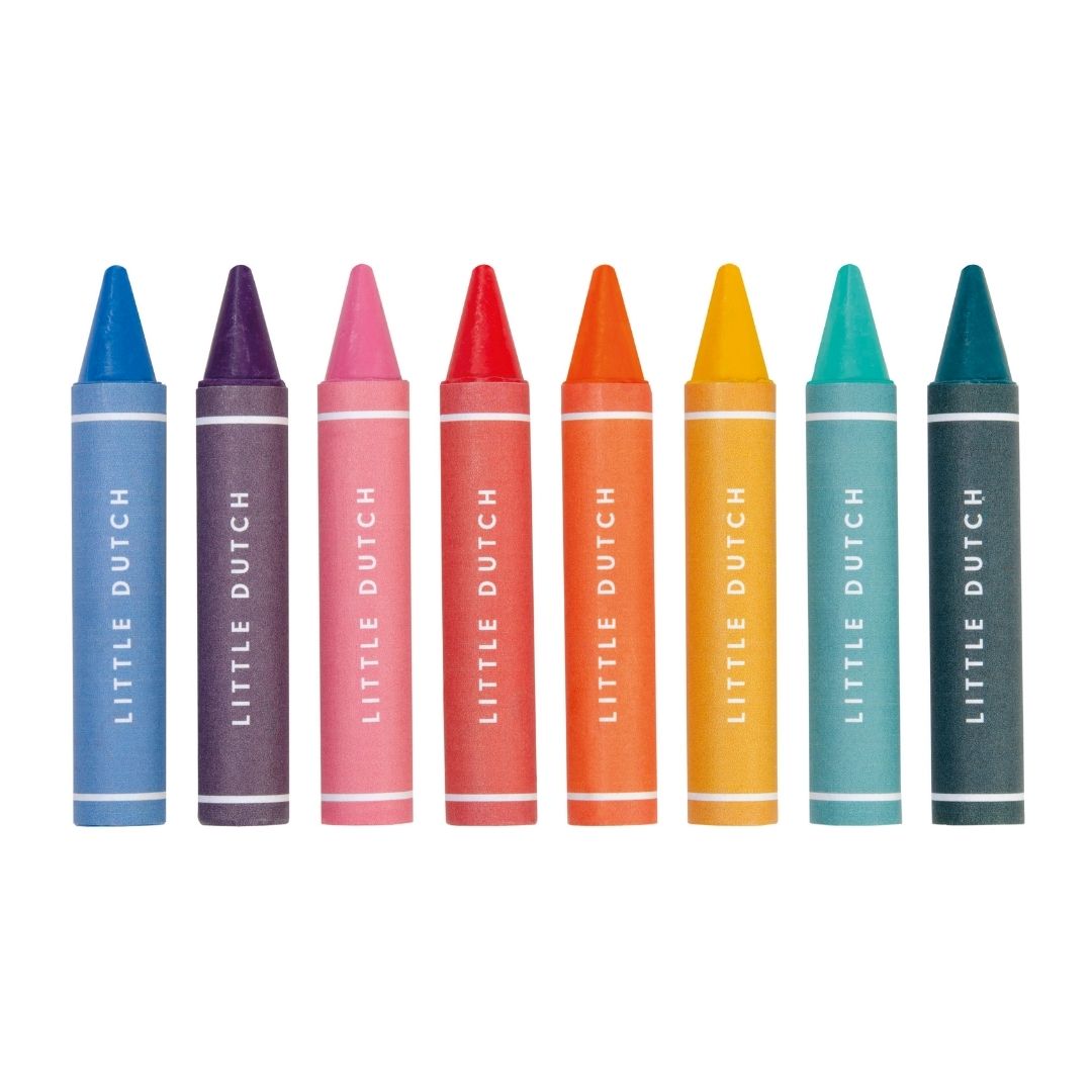 8 voksfarver i regnbuens farver, egnet til børn fra 2 år og op fra Little Dutch, fås hos Nordic Simply