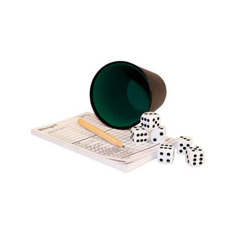yatzyspil med små terninger, blok og sort plastik raflebæger hos Nordic Simply